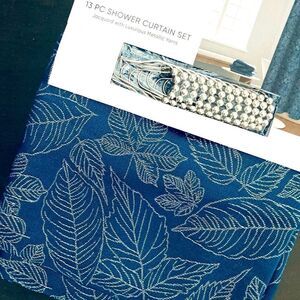 Blue Silver Leaves Heavyweight Complete Fabric Shower Curtain Set